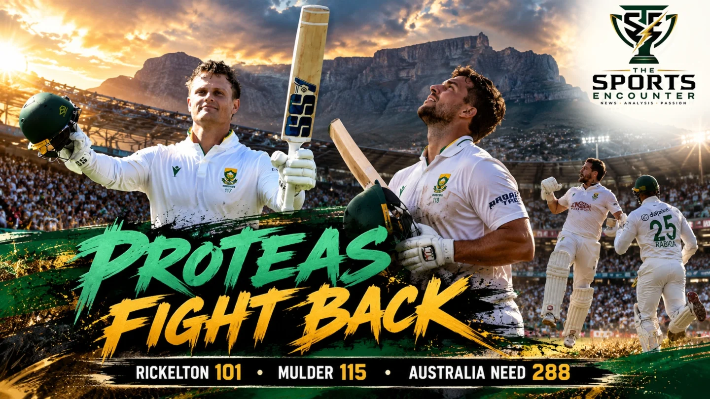Ryan Rickelton and Wiaan Mulder in a cinematic illustration of South Africa's Day 4 fightback against Australia at Newlands, Cape Town, after scoring 101 and 115.