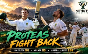 Ryan Rickelton and Wiaan Mulder in a cinematic illustration of South Africa's Day 4 fightback against Australia at Newlands, Cape Town, after scoring 101 and 115.