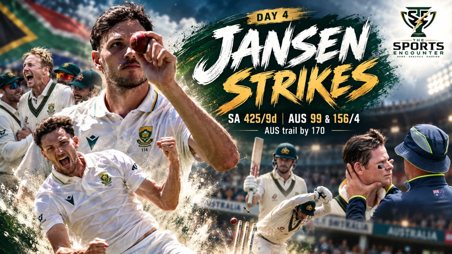 South African all-rounder Marco Jansen celebrates his five-wicket haul against Australia at St George's Park, Gqeberha, as Travis Head battles to save the second Test, with The Sports Encounter's official logo.