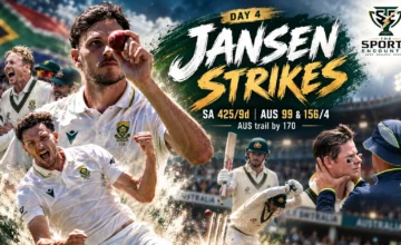 South African all-rounder Marco Jansen celebrates his five-wicket haul against Australia at St George's Park, Gqeberha, as Travis Head battles to save the second Test, with The Sports Encounter's official logo.