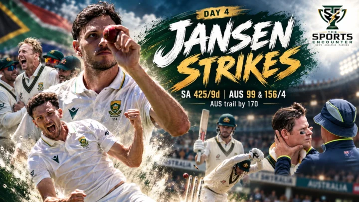 South African all-rounder Marco Jansen celebrates his five-wicket haul against Australia at St George's Park, Gqeberha, as Travis Head battles to save the second Test, with The Sports Encounter's official logo.
