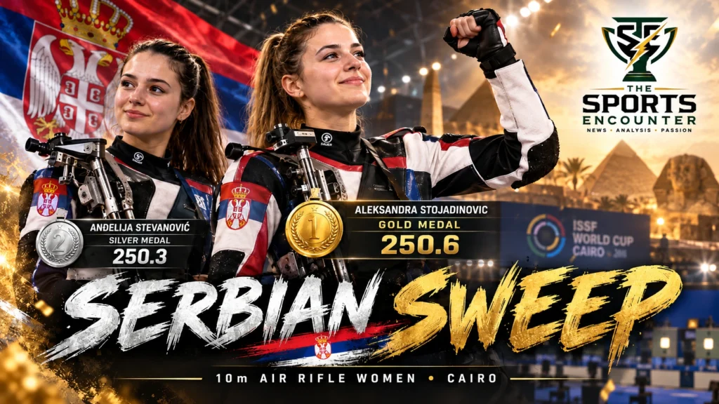 Proposed cinematic shooting sports graphic featuring Serbian rifle shooters Aleksandra Stojadinovic and Andelija Stevanovic celebrating gold and silver at the 2026 ISSF Cairo World Cup, with final scores of 250.6 and 250.3.