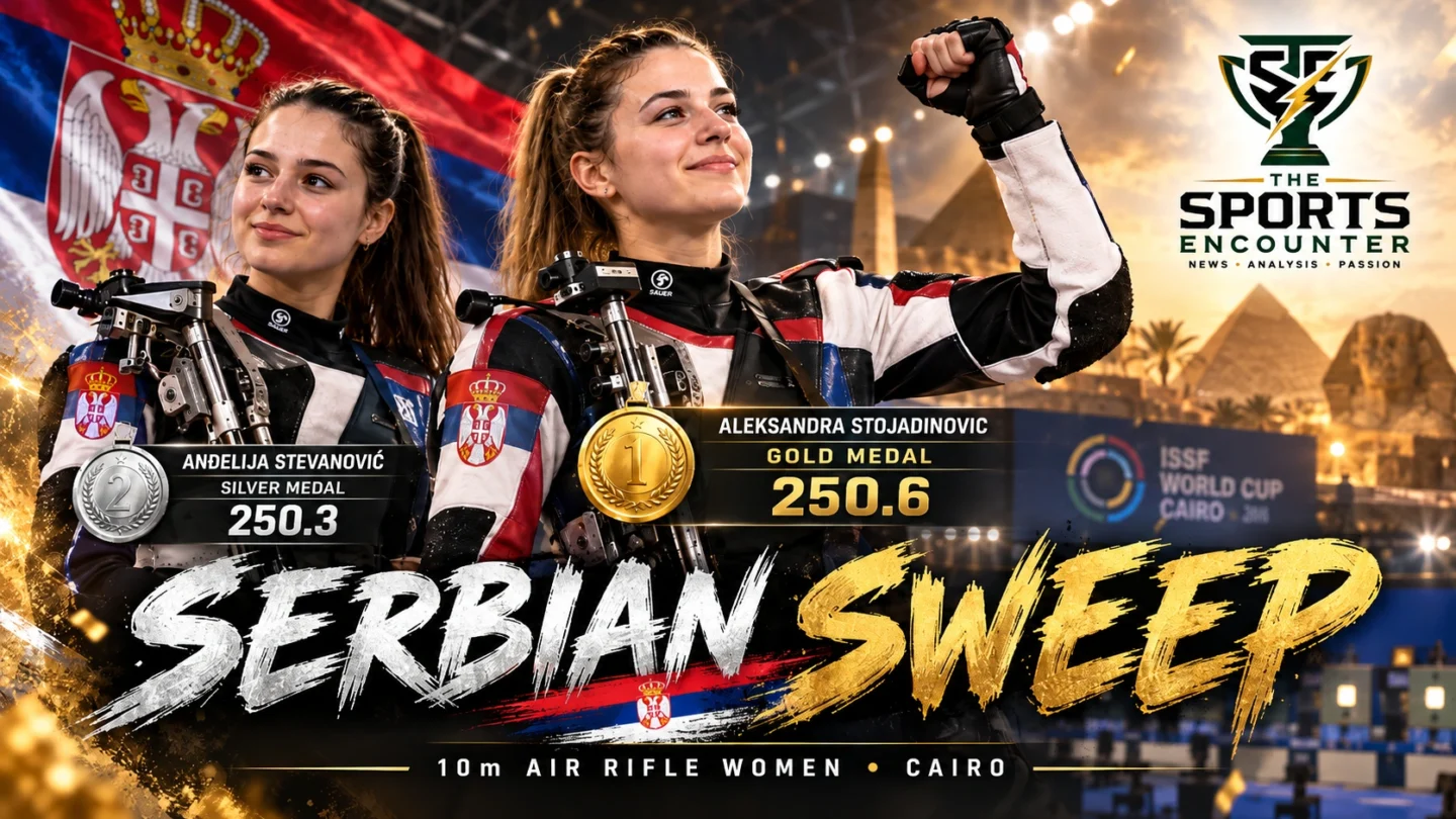 Proposed cinematic shooting sports graphic featuring Serbian rifle shooters Aleksandra Stojadinovic and Andelija Stevanovic celebrating gold and silver at the 2026 ISSF Cairo World Cup, with final scores of 250.6 and 250.3.