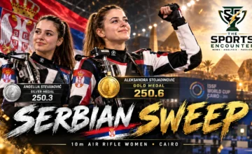 Proposed cinematic shooting sports graphic featuring Serbian rifle shooters Aleksandra Stojadinovic and Andelija Stevanovic celebrating gold and silver at the 2026 ISSF Cairo World Cup, with final scores of 250.6 and 250.3.