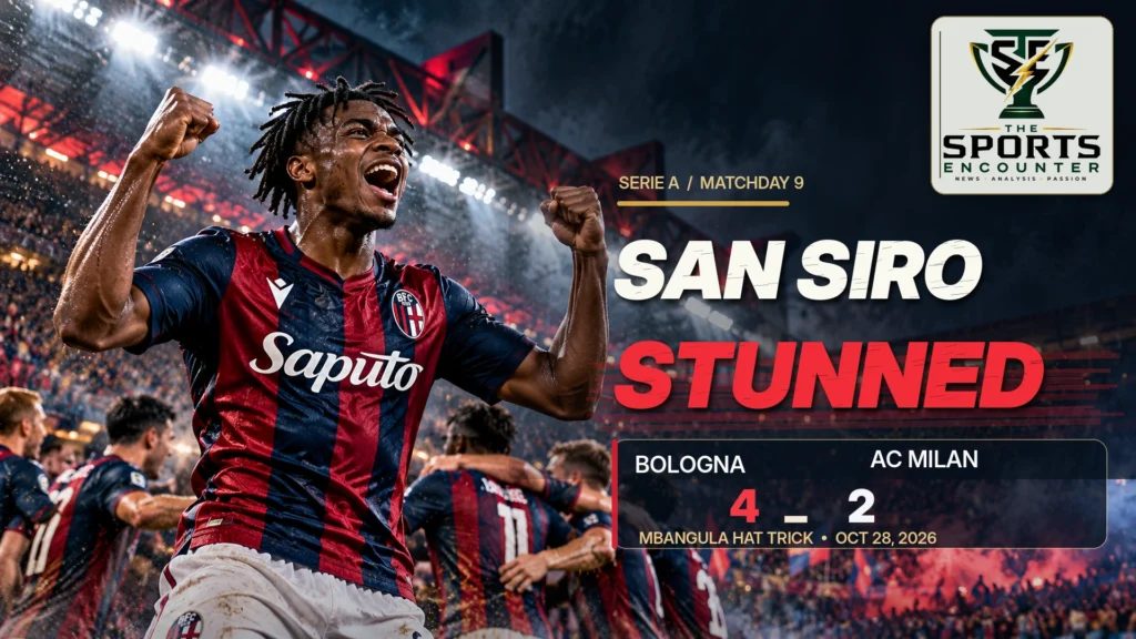 Samuel Mbangula celebrates Bologna's 4-2 Serie A victory over AC Milan at San Siro on October 28, 2026.