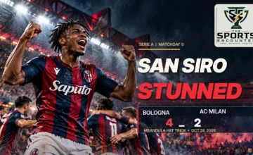 Samuel Mbangula celebrates Bologna's 4-2 Serie A victory over AC Milan at San Siro on October 28, 2026.