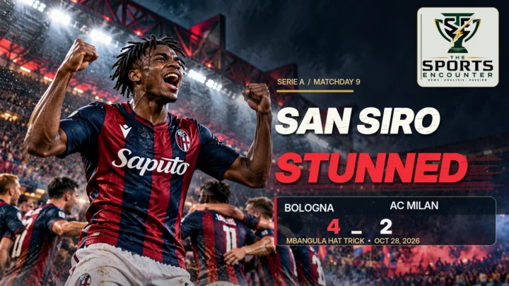 Samuel Mbangula celebrates Bologna's 4-2 Serie A victory over AC Milan at San Siro on October 28, 2026.