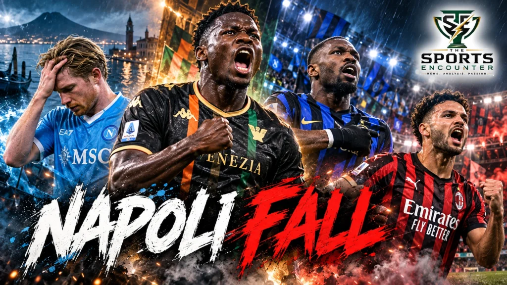 Akor Adams celebrates Venezia's victory over Napoli, alongside Marcus Thuram and Carlos Augusto of Inter and AC Milan players during their dramatic Serie A victories.