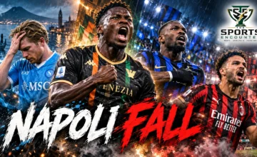 Akor Adams celebrates Venezia's victory over Napoli, alongside Marcus Thuram and Carlos Augusto of Inter and AC Milan players during their dramatic Serie A victories.