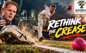 Former South Africa captain Shaun Pollock discussing the front-foot no-ball rule beside an illustration of a fast bowler landing at the popping crease, with a pink cricket ball representing his secondary Test cricket proposal.