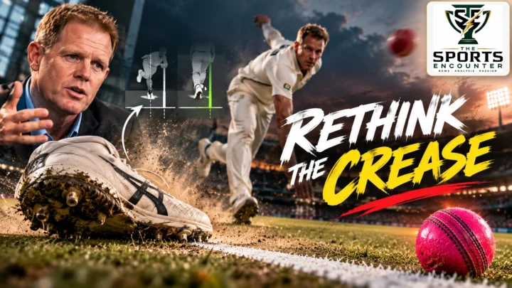 Former South Africa captain Shaun Pollock discussing the front-foot no-ball rule beside an illustration of a fast bowler landing at the popping crease, with a pink cricket ball representing his secondary Test cricket proposal.