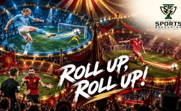 Cinematic football circus illustration featuring Erling Haaland, Harry Kane and Bruno Fernandes in contrasting match situations, with The Sports Encounter's official logo and the headline “Roll Up, Roll Up!”