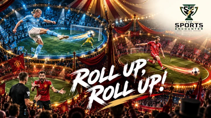Cinematic football circus illustration featuring Erling Haaland, Harry Kane and Bruno Fernandes in contrasting match situations, with The Sports Encounter's official logo and the headline “Roll Up, Roll Up!”