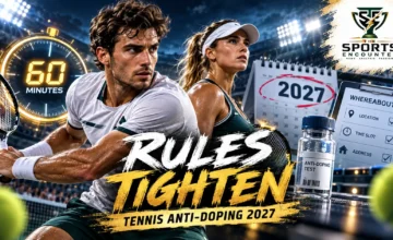 Cinematic tennis anti-doping illustration showing a professional player on a tennis court beside a 60-minute testing clock, with 2027 whereabouts requirements and The Sports Encounter's official logo in the top-right corner.
