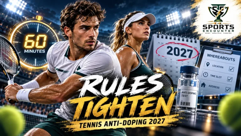 Cinematic tennis anti-doping illustration showing a professional player on a tennis court beside a 60-minute testing clock, with 2027 whereabouts requirements and The Sports Encounter's official logo in the top-right corner.