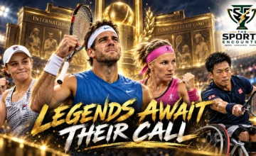 Juan Martín del Potro celebrating his 2009 US Open victory alongside portraits of Ash Barty, Svetlana Kuznetsova and Shingo Kunieda, nominees for the International Tennis Hall of Fame Class of 2027.