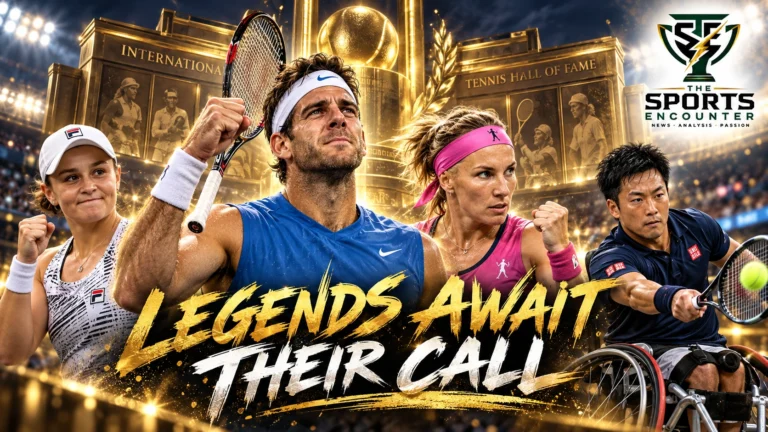 Juan Martín del Potro celebrating his 2009 US Open victory alongside portraits of Ash Barty, Svetlana Kuznetsova and Shingo Kunieda, nominees for the International Tennis Hall of Fame Class of 2027.