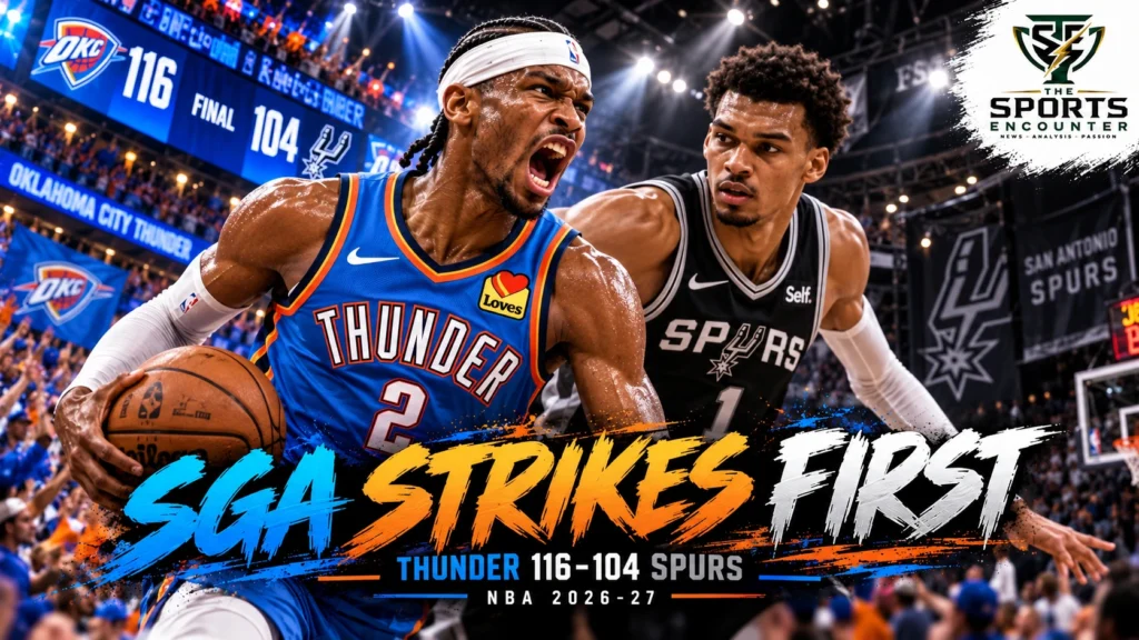 Shai Gilgeous-Alexander of the Oklahoma City Thunder drives past Victor Wembanyama of the San Antonio Spurs in a cinematic NBA graphic celebrating the Thunder’s 116-104 victory on October 20, 2026, featuring The Sports Encounter logo.
