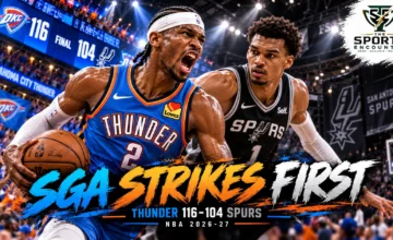 Shai Gilgeous-Alexander of the Oklahoma City Thunder drives past Victor Wembanyama of the San Antonio Spurs in a cinematic NBA graphic celebrating the Thunder’s 116-104 victory on October 20, 2026, featuring The Sports Encounter logo.