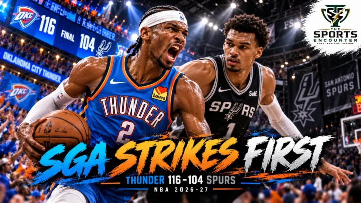 Shai Gilgeous-Alexander of the Oklahoma City Thunder drives past Victor Wembanyama of the San Antonio Spurs in a cinematic NBA graphic celebrating the Thunder’s 116-104 victory on October 20, 2026, featuring The Sports Encounter logo.