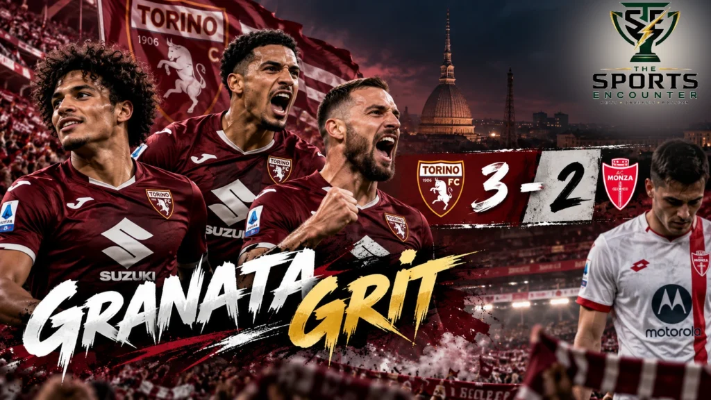 Proposed cinematic illustration of Torino players Kian Fitz-Jim, Rafik Belghali and Nikola Vlašić celebrating their 3-2 Serie A victory over Monza at Stadio Olimpico Grande Torino, featuring The Sports Encounter's official logo.