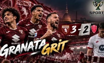 Proposed cinematic illustration of Torino players Kian Fitz-Jim, Rafik Belghali and Nikola Vlašić celebrating their 3-2 Serie A victory over Monza at Stadio Olimpico Grande Torino, featuring The Sports Encounter's official logo.