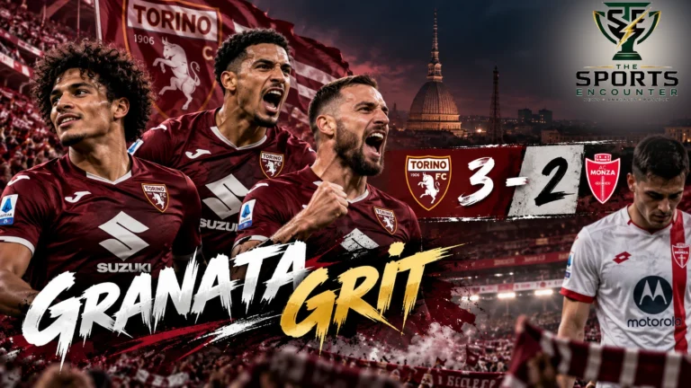 Proposed cinematic illustration of Torino players Kian Fitz-Jim, Rafik Belghali and Nikola Vlašić celebrating their 3-2 Serie A victory over Monza at Stadio Olimpico Grande Torino, featuring The Sports Encounter's official logo.