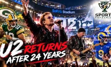 Bono, The Edge, Adam Clayton and Larry Mullen Jr. of U2 featured alongside SoFi Stadium and the Green Bay Packers and Los Angeles Rams ahead of the November 25, 2026, NFL Thanksgiving Eve halftime performance.