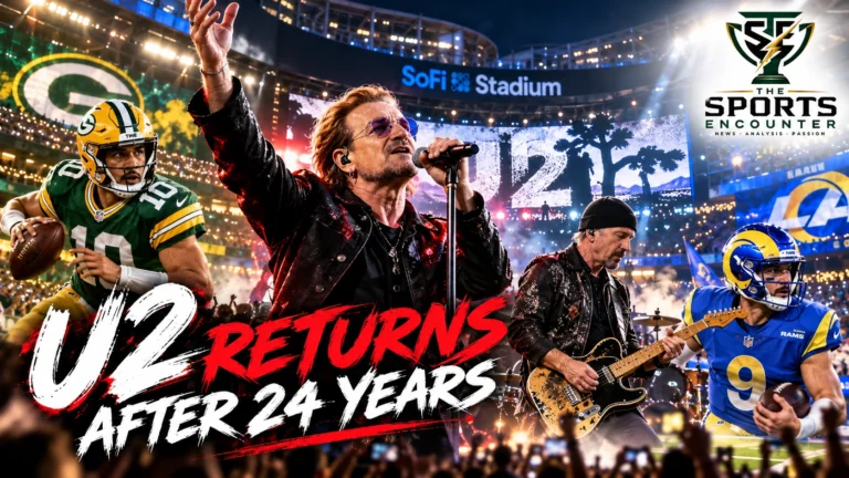 Bono, The Edge, Adam Clayton and Larry Mullen Jr. of U2 featured alongside SoFi Stadium and the Green Bay Packers and Los Angeles Rams ahead of the November 25, 2026, NFL Thanksgiving Eve halftime performance.