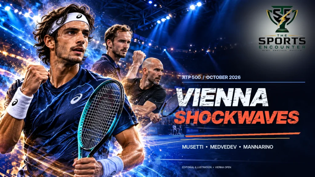 Lorenzo Musetti celebrates his Vienna Open victory over Frances Tiafoe in a cinematic tennis composition featuring Daniil Medvedev and Adrian Mannarino.