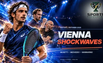 Lorenzo Musetti celebrates his Vienna Open victory over Frances Tiafoe in a cinematic tennis composition featuring Daniil Medvedev and Adrian Mannarino.