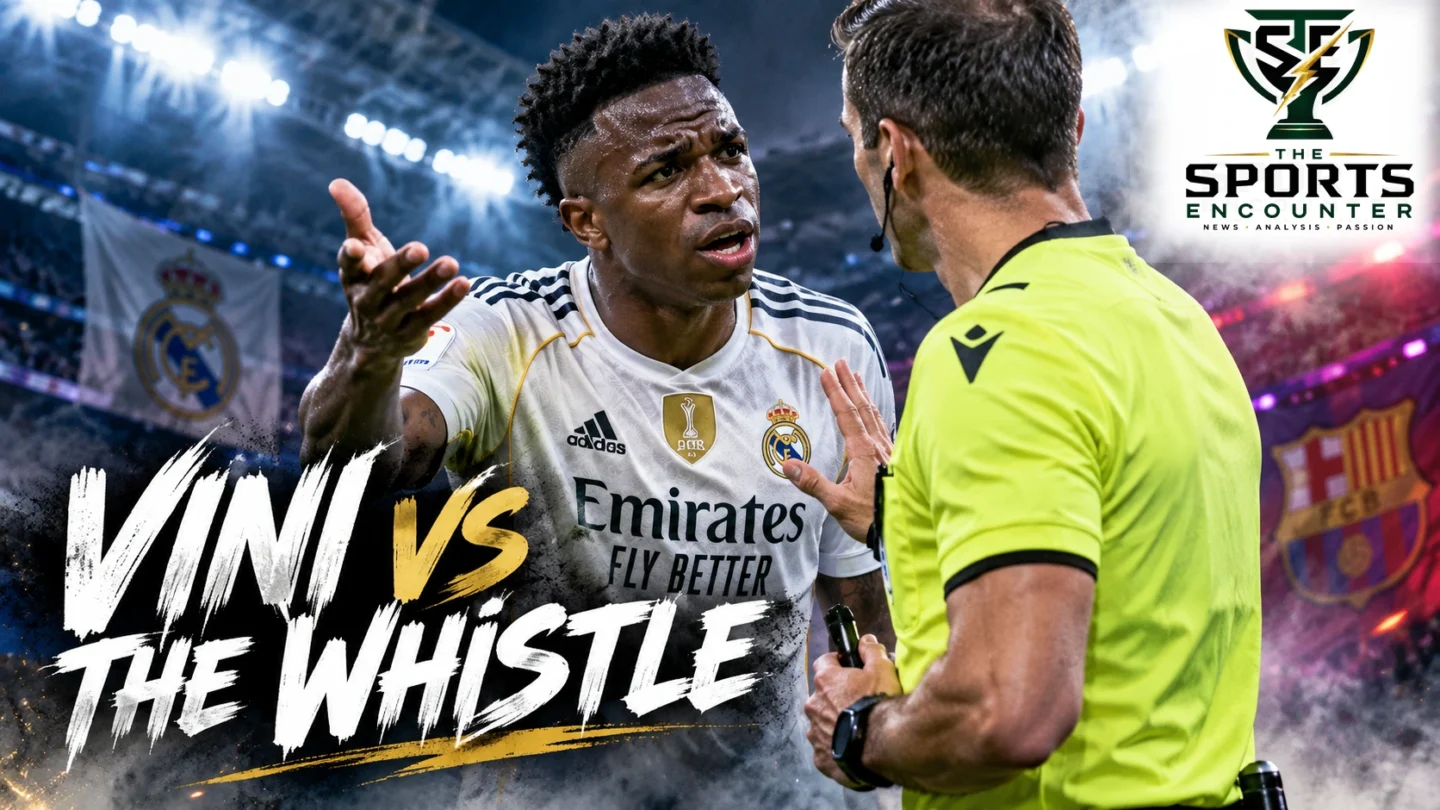 Vinícius Júnior in a Real Madrid jersey confronting a refereeing controversy following his four-match La Liga suspension ahead of El Clásico.