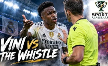 Vinícius Júnior in a Real Madrid jersey confronting a refereeing controversy following his four-match La Liga suspension ahead of El Clásico.