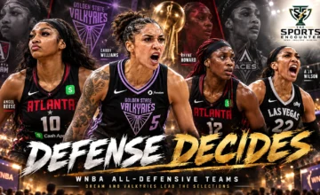 Angel Reese and Rhyne Howard of the Atlanta Dream alongside Gabby Williams of the Golden State Valkyries and A'ja Wilson of the Las Vegas Aces, illustrating the 2026 WNBA All-Defensive Team selections ahead of the Finals.