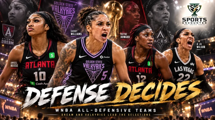 Angel Reese and Rhyne Howard of the Atlanta Dream alongside Gabby Williams of the Golden State Valkyries and A'ja Wilson of the Las Vegas Aces, illustrating the 2026 WNBA All-Defensive Team selections ahead of the Finals.