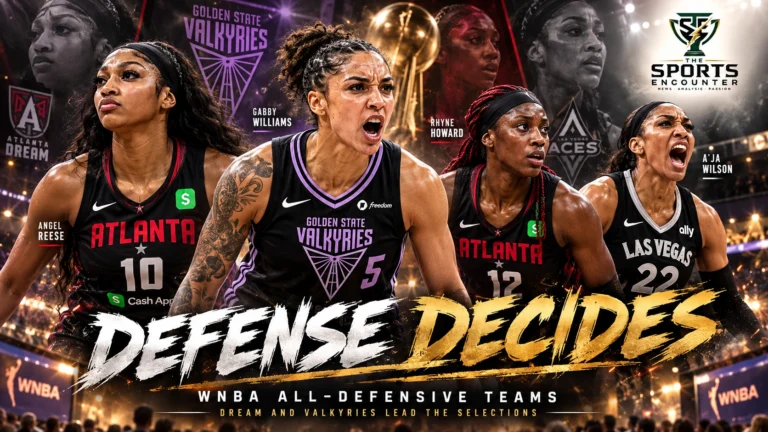 Angel Reese and Rhyne Howard of the Atlanta Dream alongside Gabby Williams of the Golden State Valkyries and A'ja Wilson of the Las Vegas Aces, illustrating the 2026 WNBA All-Defensive Team selections ahead of the Finals.