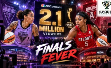 Cinematic WNBA Finals 2026 illustration featuring Golden State Valkyries star Gabby Williams and Atlanta Dream forward Angel Reese, with a 2.1 million viewer television ratings graphic, Chase Center and State Farm Arena imagery, and The Sports Encounter's official logo.