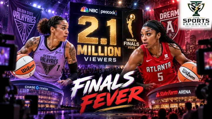 Cinematic WNBA Finals 2026 illustration featuring Golden State Valkyries star Gabby Williams and Atlanta Dream forward Angel Reese, with a 2.1 million viewer television ratings graphic, Chase Center and State Farm Arena imagery, and The Sports Encounter's official logo.