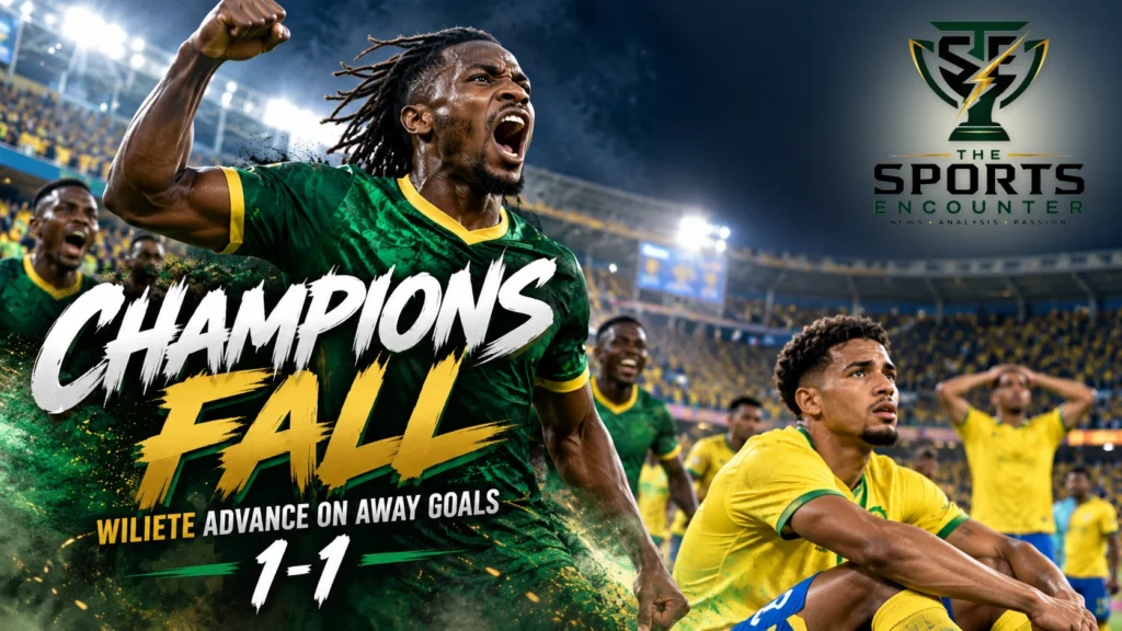 Mamelodi Sundowns' Tashreeq Matthews and Wiliete striker Mabululu in a cinematic illustration of the 1-1 CAF Champions League upset, with The Sports Encounter's official logo.
