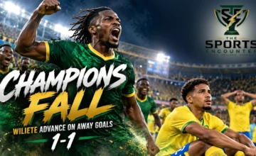 Mamelodi Sundowns' Tashreeq Matthews and Wiliete striker Mabululu in a cinematic illustration of the 1-1 CAF Champions League upset, with The Sports Encounter's official logo.