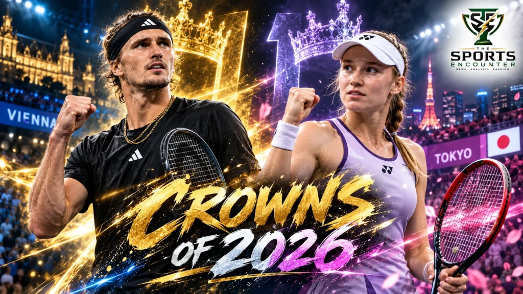 Cinematic tennis editorial illustration of Alexander Zverev celebrating his ascent to ATP World No. 1 in Vienna and Elena Rybakina celebrating her WTA year-end No. 1 achievement in Tokyo, featuring The Sports Encounter's official logo.