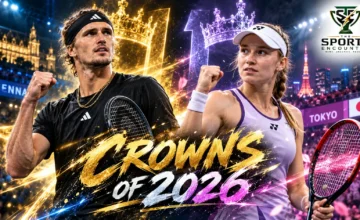 Cinematic tennis editorial illustration of Alexander Zverev celebrating his ascent to ATP World No. 1 in Vienna and Elena Rybakina celebrating her WTA year-end No. 1 achievement in Tokyo, featuring The Sports Encounter's official logo.