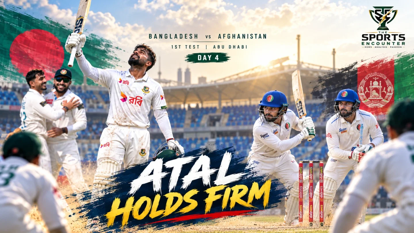 Litton Das celebrates his century for Bangladesh as Afghanistan battle to save the Abu Dhabi Test on Day 4, October 12, 2026.