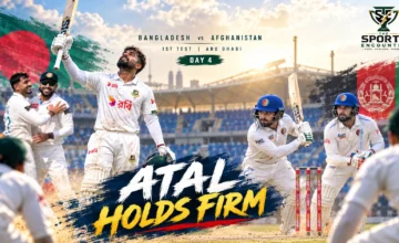 Litton Das celebrates his century for Bangladesh as Afghanistan battle to save the Abu Dhabi Test on Day 4, October 12, 2026.