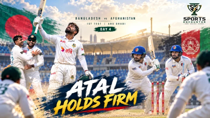 Litton Das celebrates his century for Bangladesh as Afghanistan battle to save the Abu Dhabi Test on Day 4, October 12, 2026.
