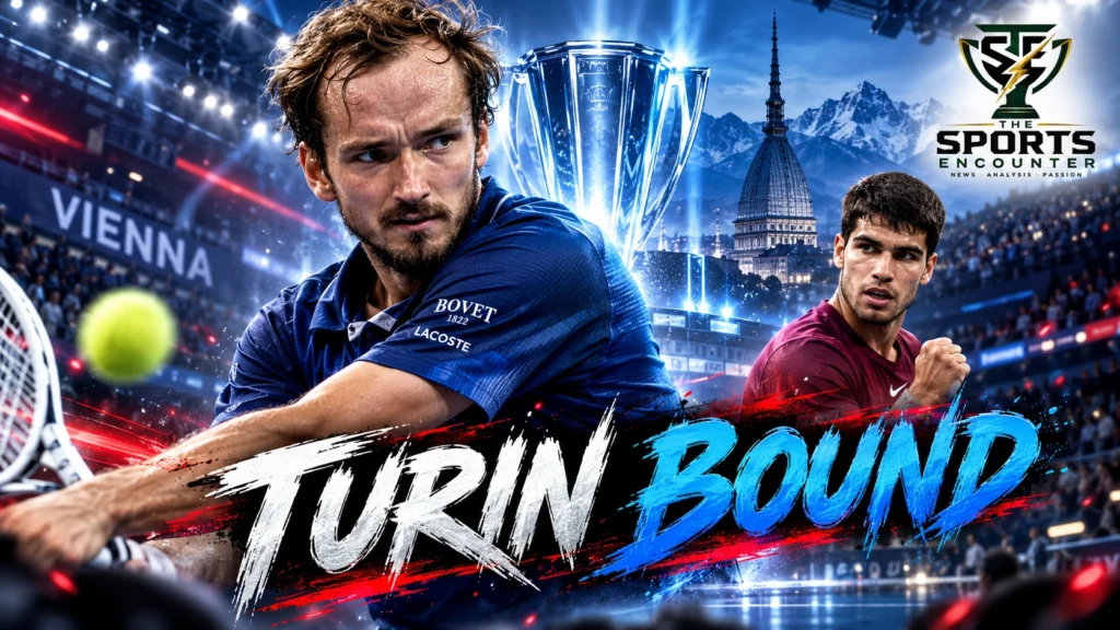 Cinematic tennis illustration of Daniil Medvedev celebrating his 2026 ATP Finals qualification after beating Adrian Mannarino at the Vienna Open, with Carlos Alcaraz and The Sports Encounter logo.