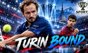 Cinematic tennis illustration of Daniil Medvedev celebrating his 2026 ATP Finals qualification after beating Adrian Mannarino at the Vienna Open, with Carlos Alcaraz and The Sports Encounter logo.