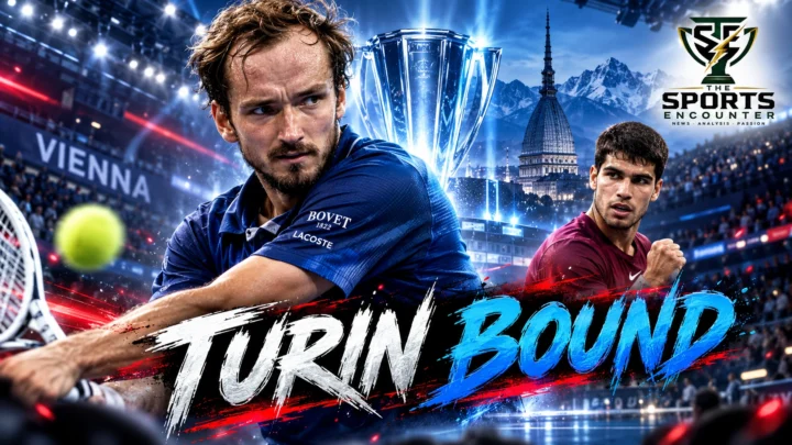 Cinematic tennis illustration of Daniil Medvedev celebrating his 2026 ATP Finals qualification after beating Adrian Mannarino at the Vienna Open, with Carlos Alcaraz and The Sports Encounter logo.
