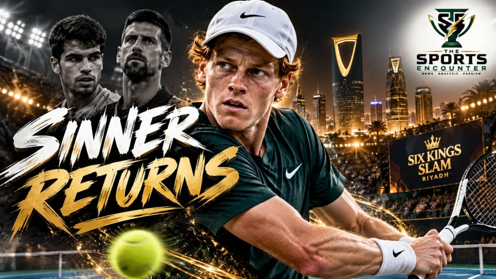 Cinematic editorial illustration of Jannik Sinner returning to the Six Kings Slam in Riyadh in December 2026, with Carlos Alcaraz and Novak Djokovic in the background and The Sports Encounter's official logo.