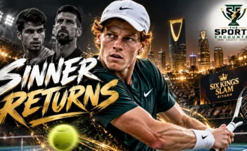 Cinematic editorial illustration of Jannik Sinner returning to the Six Kings Slam in Riyadh in December 2026, with Carlos Alcaraz and Novak Djokovic in the background and The Sports Encounter's official logo.
